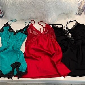 Samantha Chang Teal, Red & Black Satin Lace Chemise Set